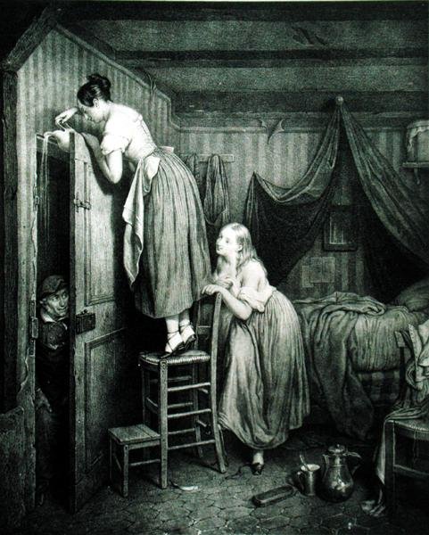 The Nosy Parker Punished, graverad av Alphonse Leon Noel (1807-84) (tryck) av Julien (after) Vallou de Villeneuve