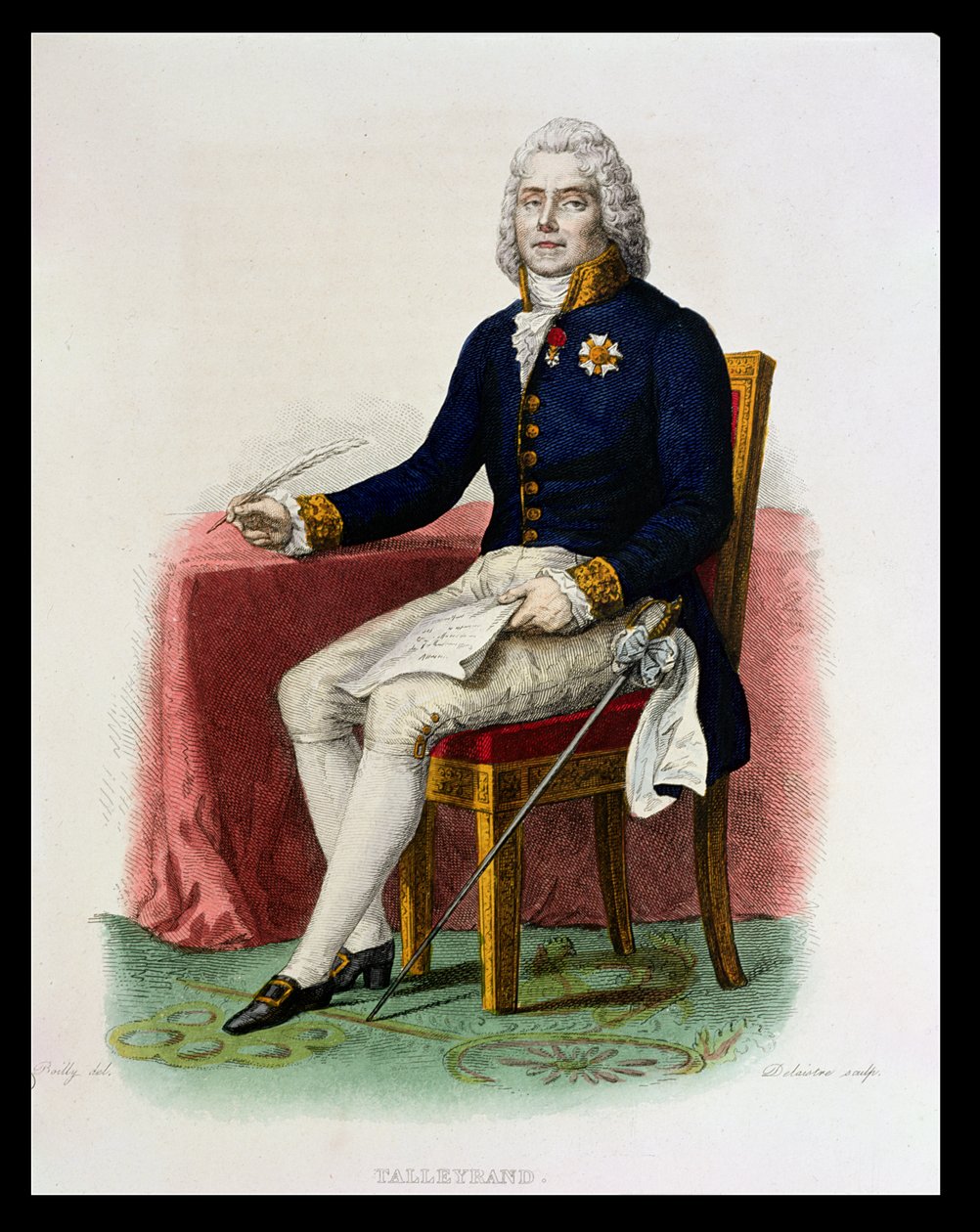Porträtt av Charles Maurice de Talleyrand-Perigord (1754-1838) vid hans skrivbord, illustration från 