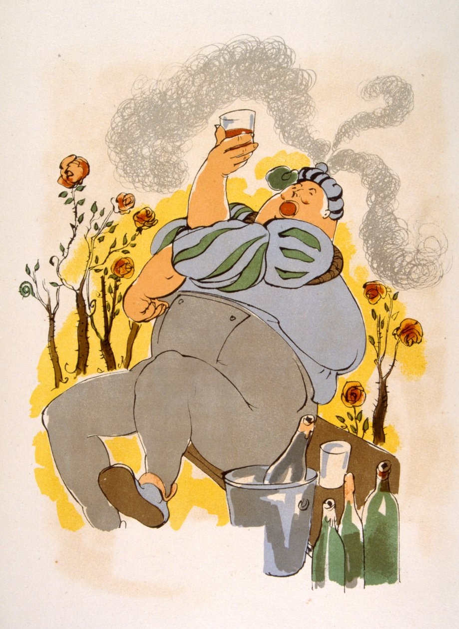 Humoristisk vinillustration 1946. Illustration av Julien Pavil av Julien Pavil