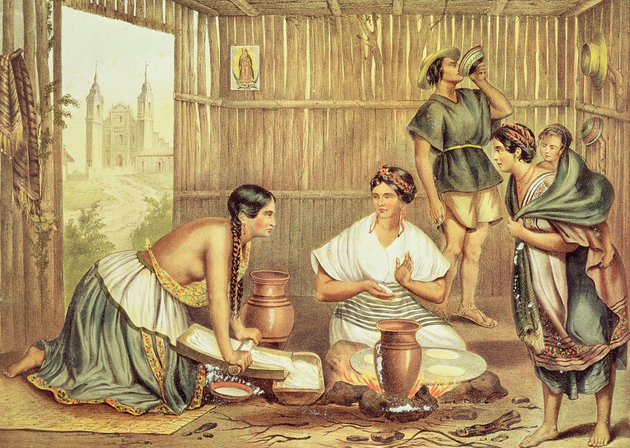 Indianer som förbereder tortillas, från "An Album of the Mexican Republic" av Julio Michaud
