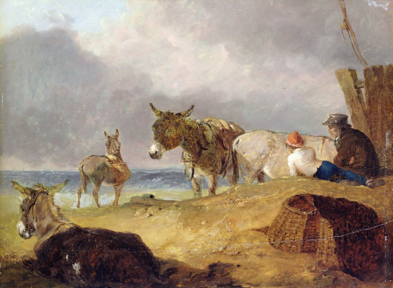 Åsnor och figurer på en strand av Julius Caesar Ibbetson