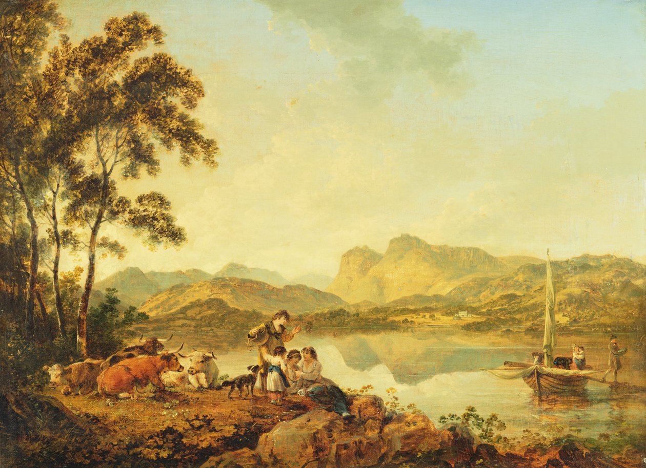 Langdale Pikes fra Lowood, ca. 1800-06 swed av Julius Caesar Ibbetson