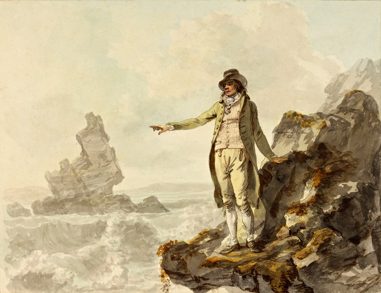 Guiden till Stackpole Scenery som pekar mot Stack Rock, Pembrokeshire, 1793 (wc med penna och svart bläck på papper) av Julius Caesar Ibbetson