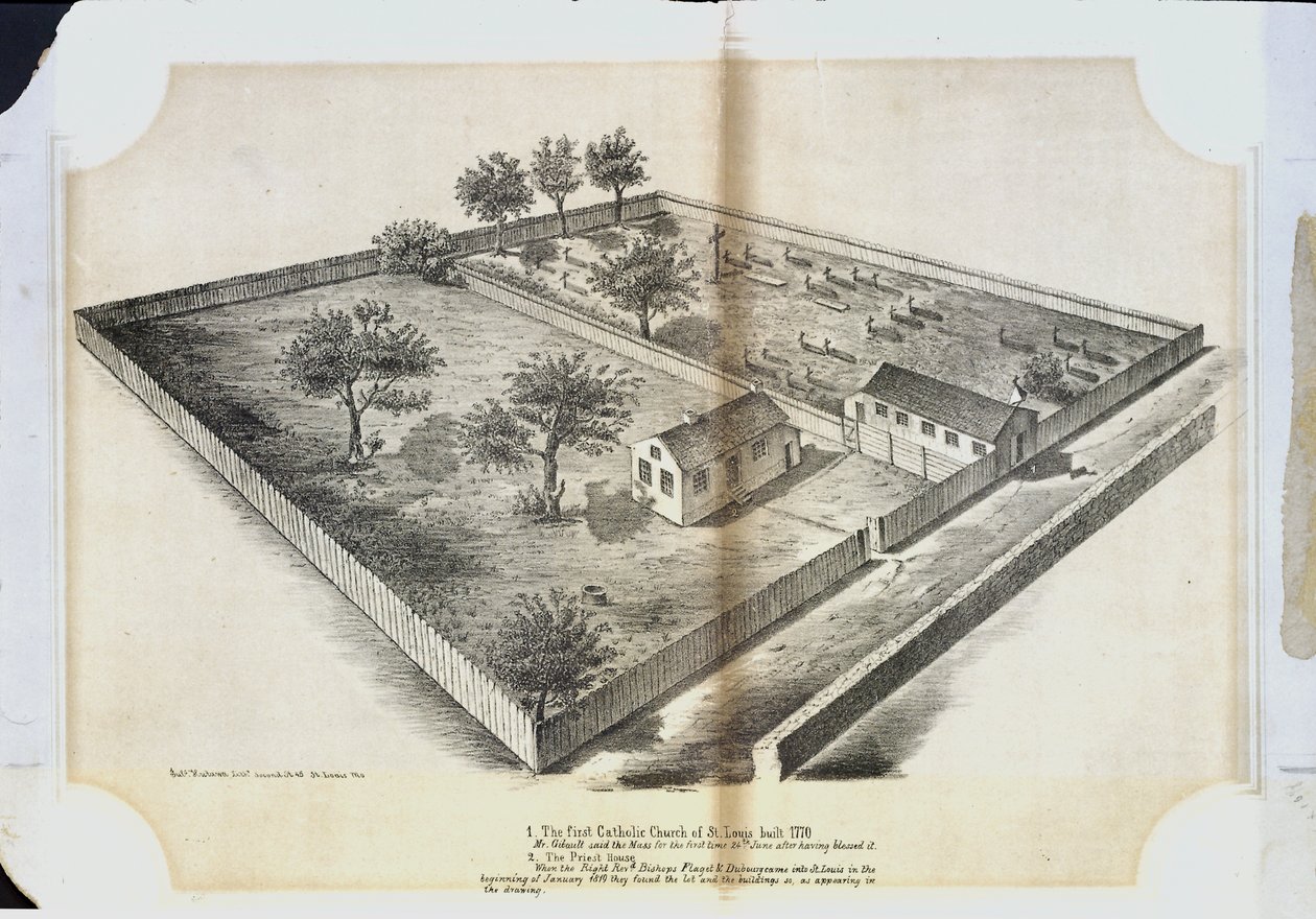 The first Catholic Church in St. Louis built 1770. Mr. Gibault said the Mass for the first time 24th June after having blessed it av Julius Hutawa Co.