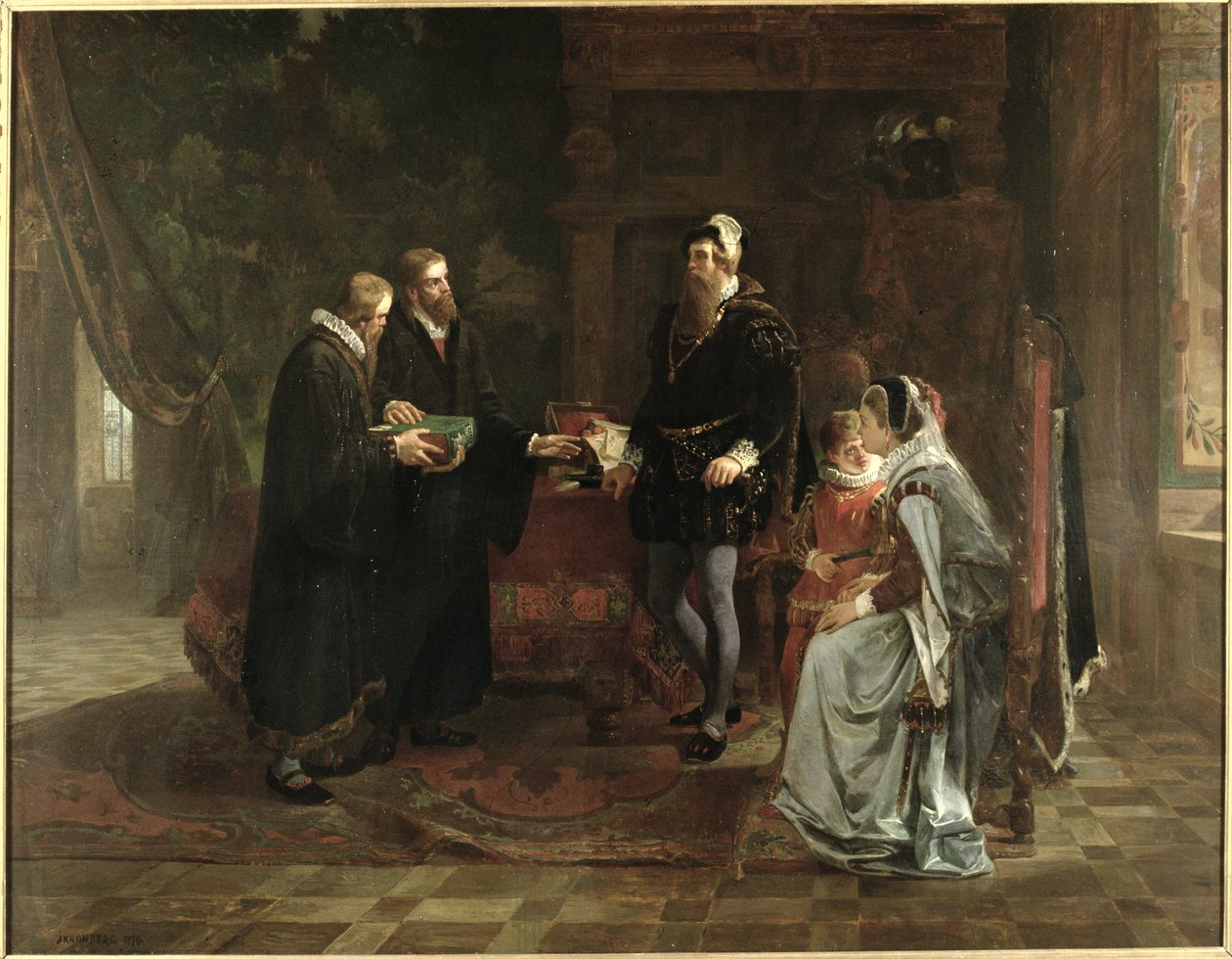 Kung Gustav I Vasa (ca 1496-1560) av Sverige tar emot den svenska översättningen av Bibeln, 1870 av Julius Kronberg