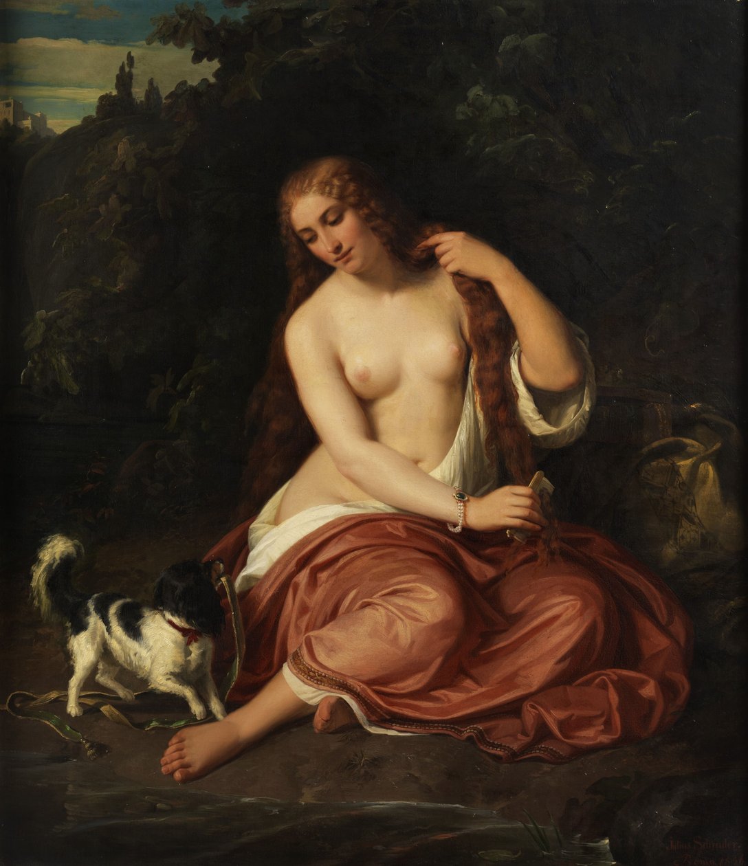 Halvakt av en ung flicka med en hund av Julius Schrader