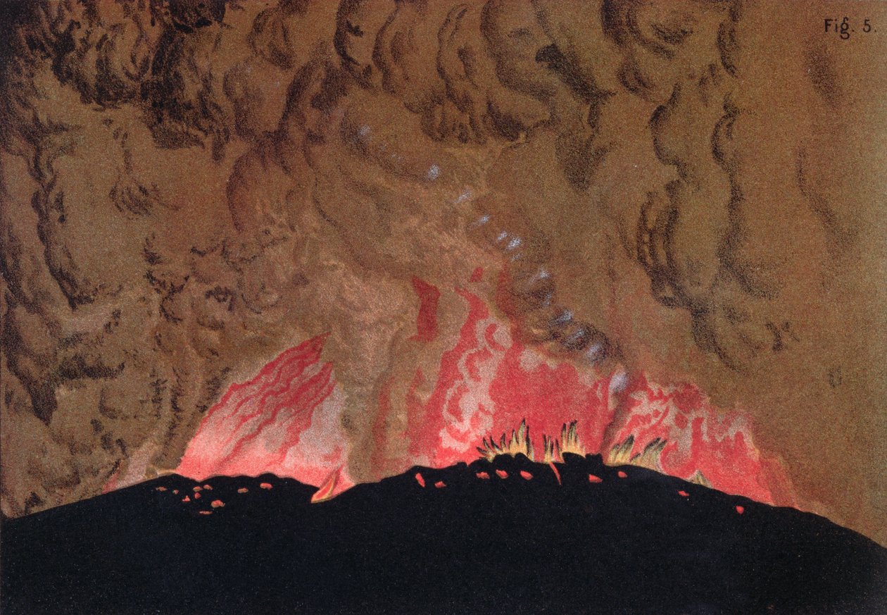Aphroessa och Georgios lavaflöden under ett utbrott av vulkanen Santorini, illustration från Etudes sur les Volcans av konstnären, graverad av Druck och Arnold, 1881 av Julius or Jules Schmidt