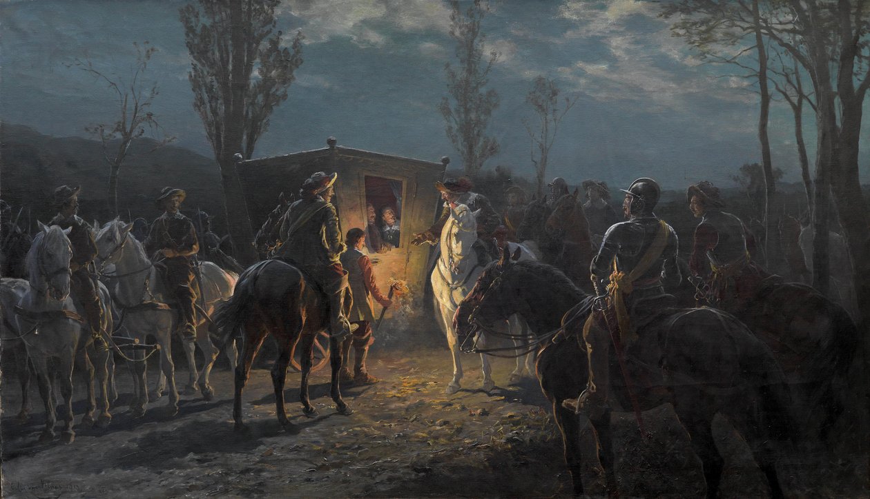 Nachtszene. Berittene halten eine vornehme Kutsche auf av Julius von Blaas  