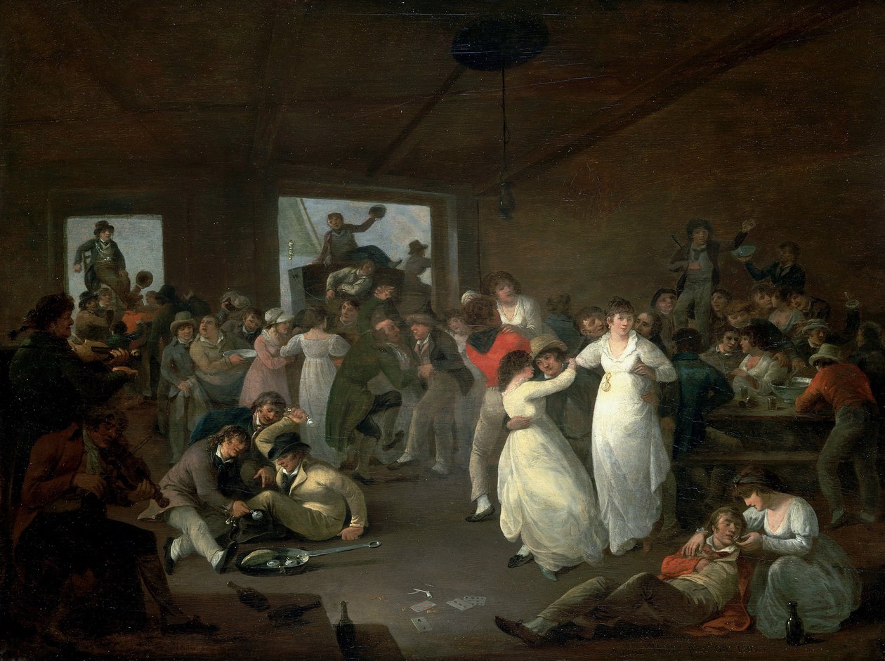 Bombardemang av sjömän, scen på en krog i Portsmouth (England). Olja på trä av Julius Caesar Ibbetson