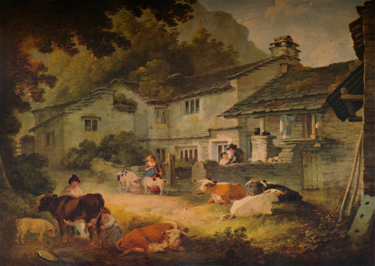 Stugalandskap med boskap, i Ambleside, 1803 av Julius Caesar Ibbetson