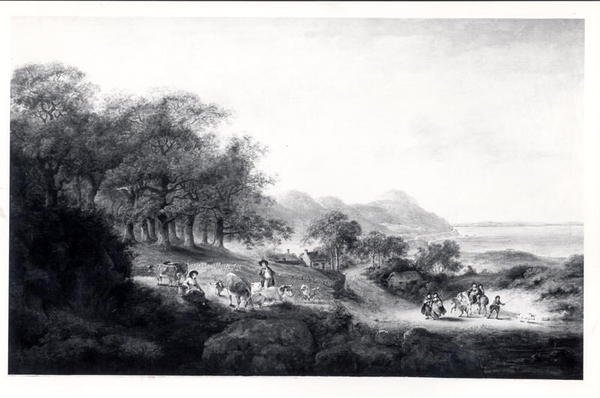 Distant View of Anglesea (olja på duk) (svartvitt tryck) av Julius Caesar Ibbetson