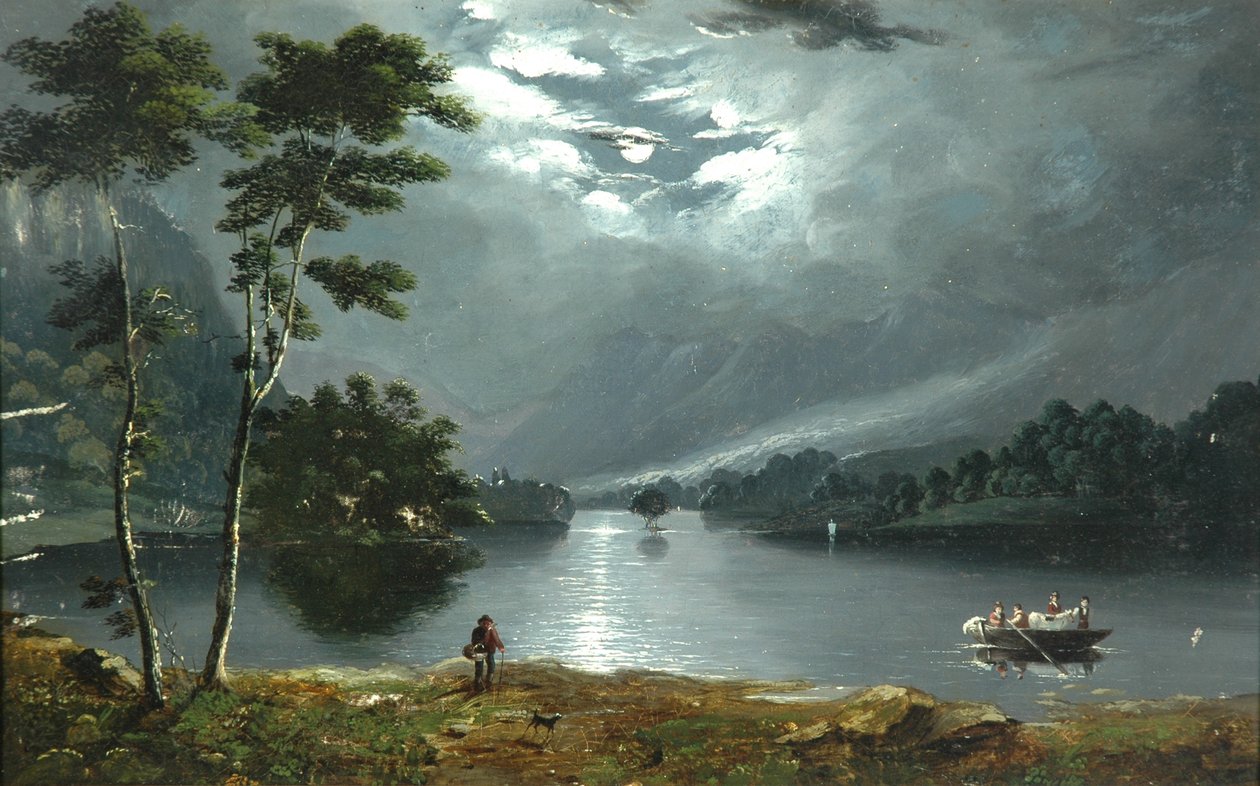 Färja, Windermere, ser norrut och sjön i månsken av Julius Caesar Ibbetson