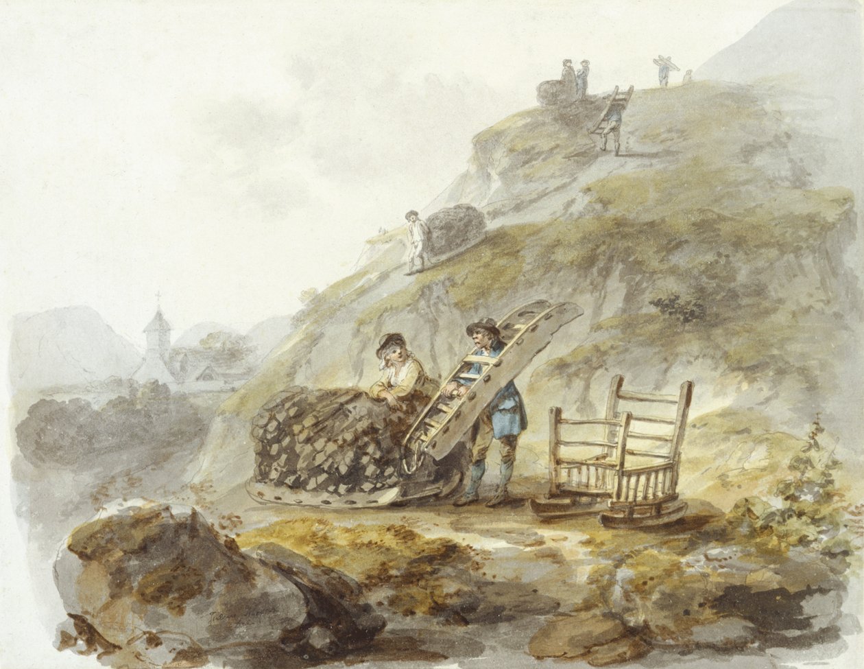 Metod för att utvinna torv från kullar nära Mallwyd, ca 1792 (akvarell, bläck och blyerts på papper) av Julius Caesar Ibbetson