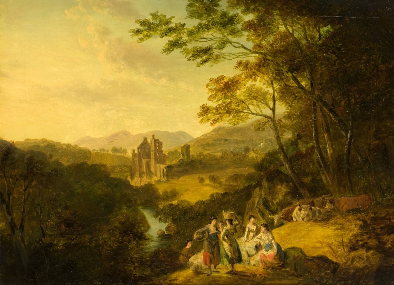Rosslyn Castle with Washerwomen and Cattle, c.1800 (olja på duk) av Julius Caesar Ibbetson