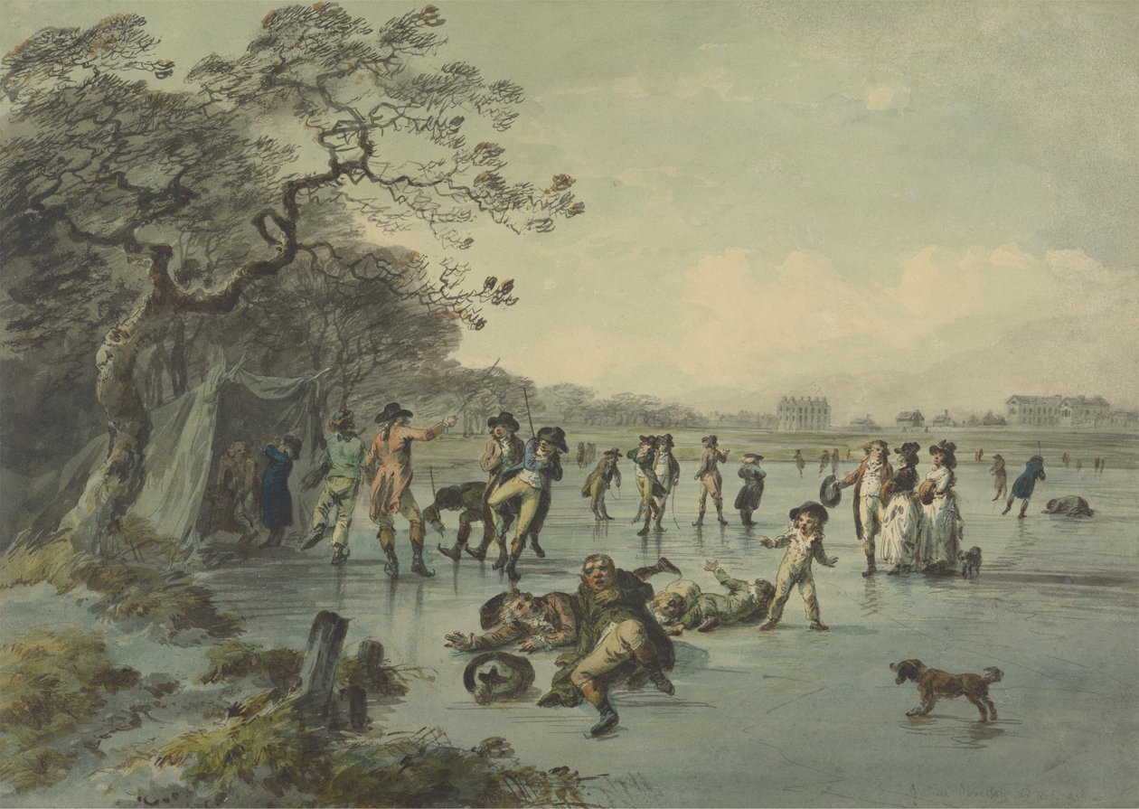 Skridskoåkning i Hyde Park, ca 1785 (penna, bläck och wc på papper) av Julius Caesar Ibbetson