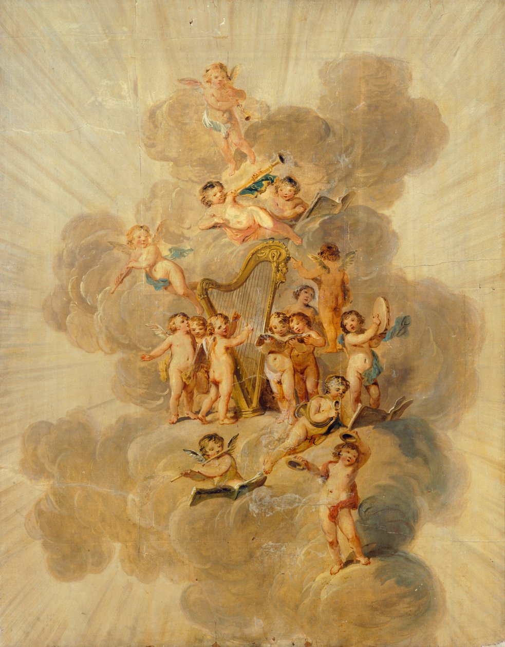 Bevingade keruber med musikinstrument, sektion av Music Rooms dekorativa kant, Kenwood House, London (tapet) av Julius Caesar Ibbetson