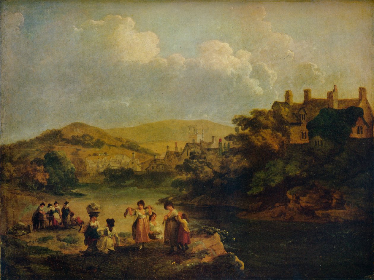 Kvinnor som tvättar kläder i en walesisk ström, 1790 av Julius Caesar Ibbetson
