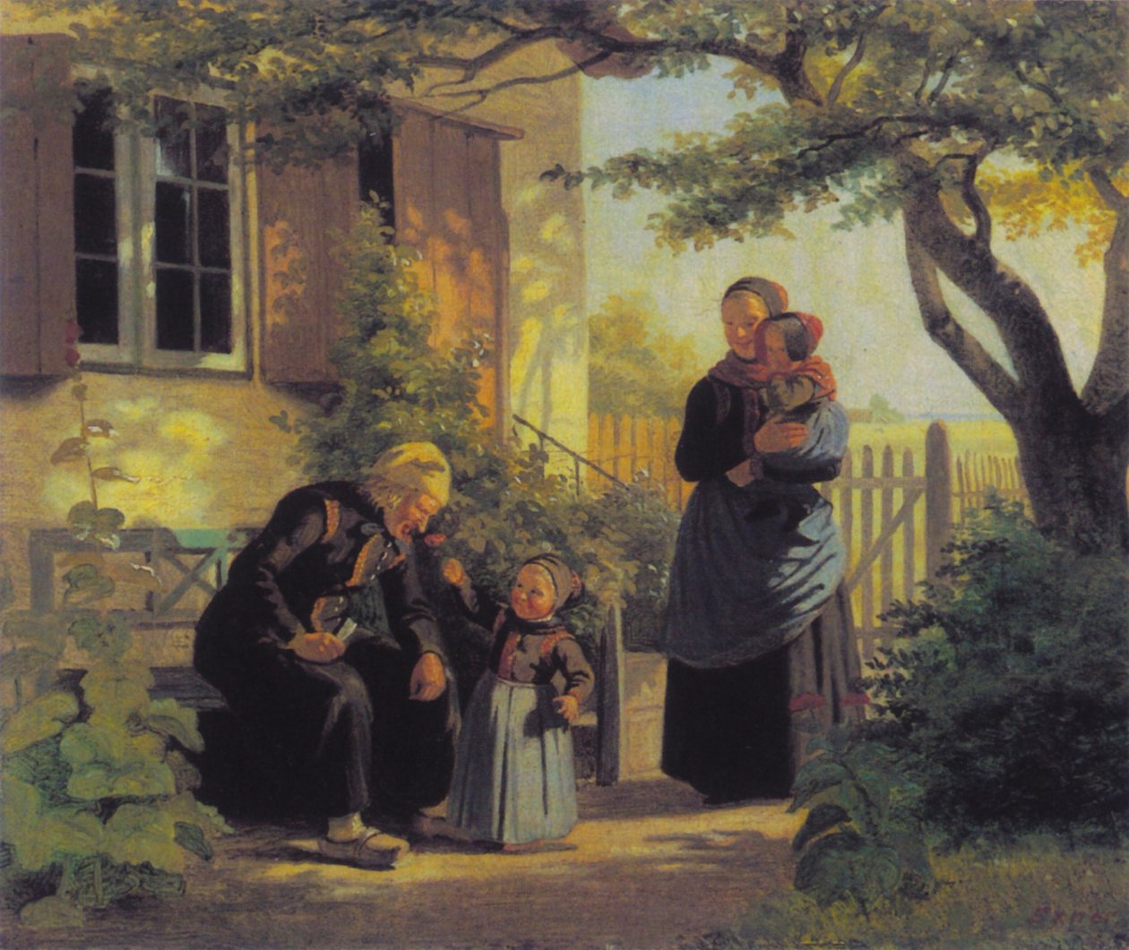 En liten flicka lät en gammal man lukta på en blomma. av Julius Exner