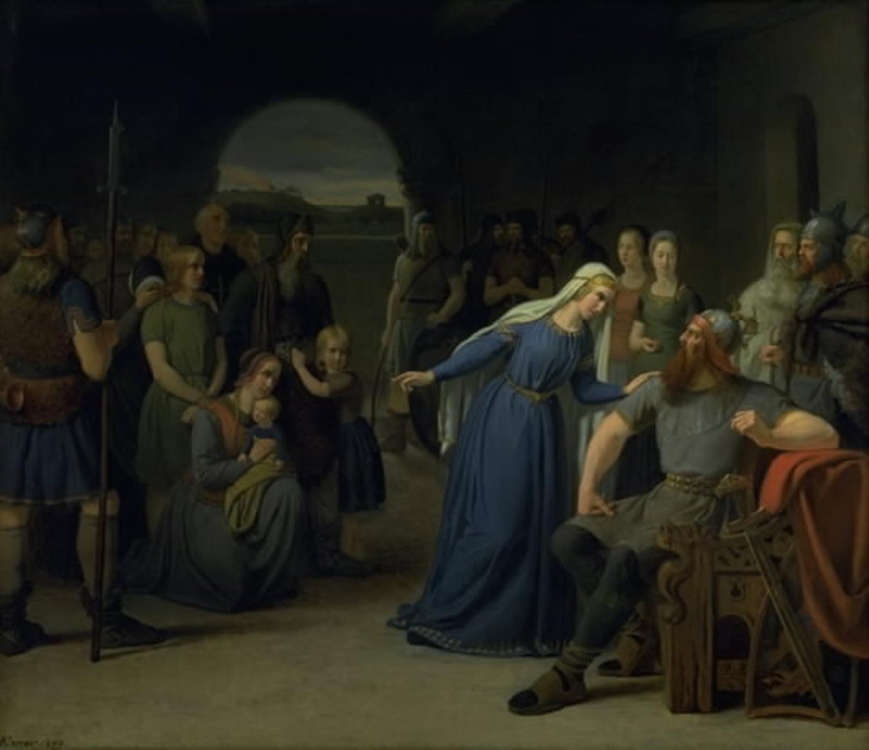 Den danska drottningen Thyra Danebod försöker mjuka upp sin mans, Gorm den gamles hjärta, gentemot några kristna fångar av Julius Exner