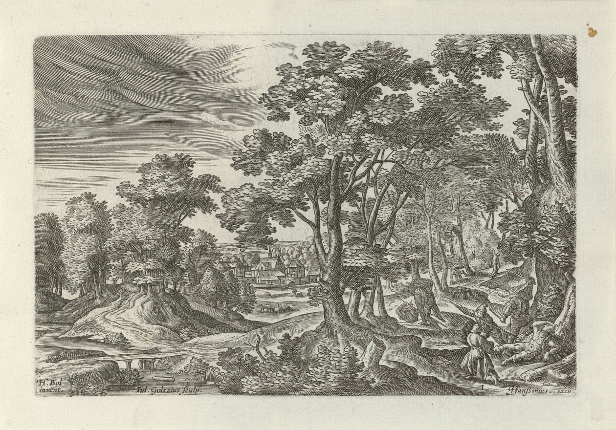 Landskap med rån på resenären Landskap med scener ur liknelsen om den barmhärtige samariten (serietitel) av Julius Goltzius