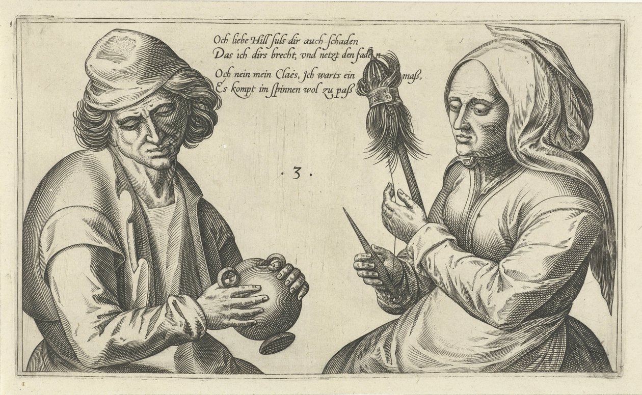 Spinnande kvinna med sin man Ordlekar om förhållandet mellan man och kvinna (serietitel) av Julius Goltzius