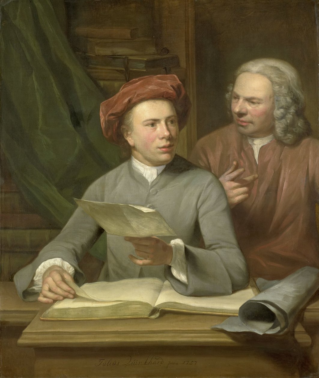 Självporträtt. Bredvid konstnären står hans far och lärare Jan Maurits Quinkhard (1688-1772) av Julius Henricus Quinkhard