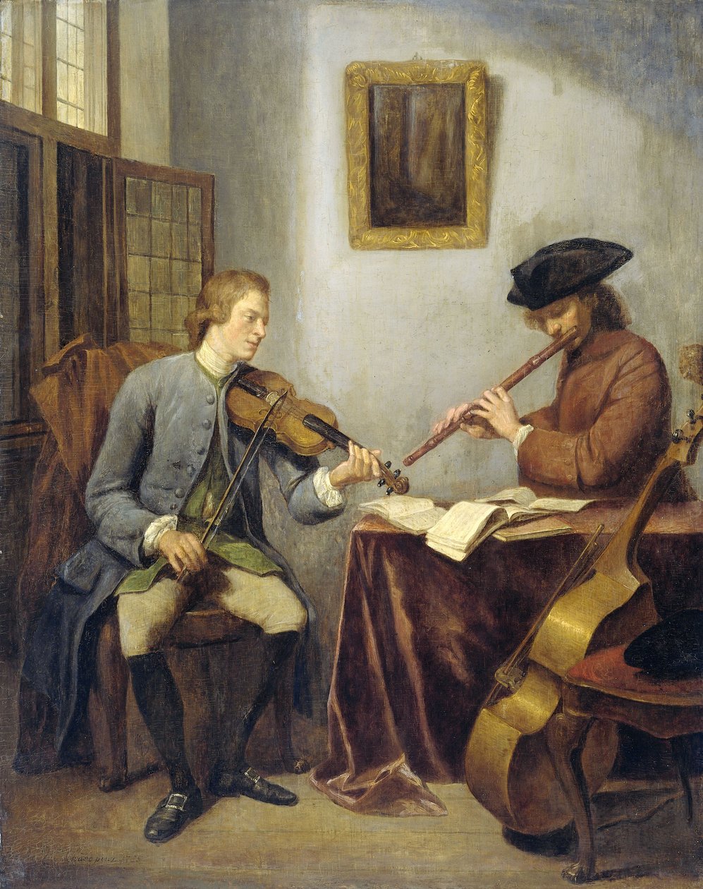 Musikerna, en violinist och en flöjtist som gör musik tillsammans, 1755 av Julius Henricus Quinkhard