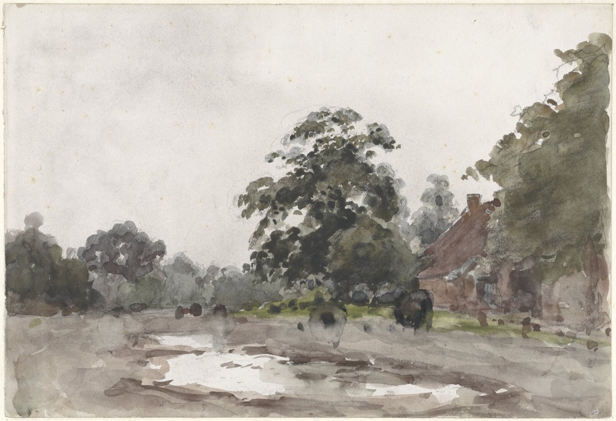 Bondgård under höga träd med vatten i förgrunden av Julius Jacobus van de Sande Bakhuyzen