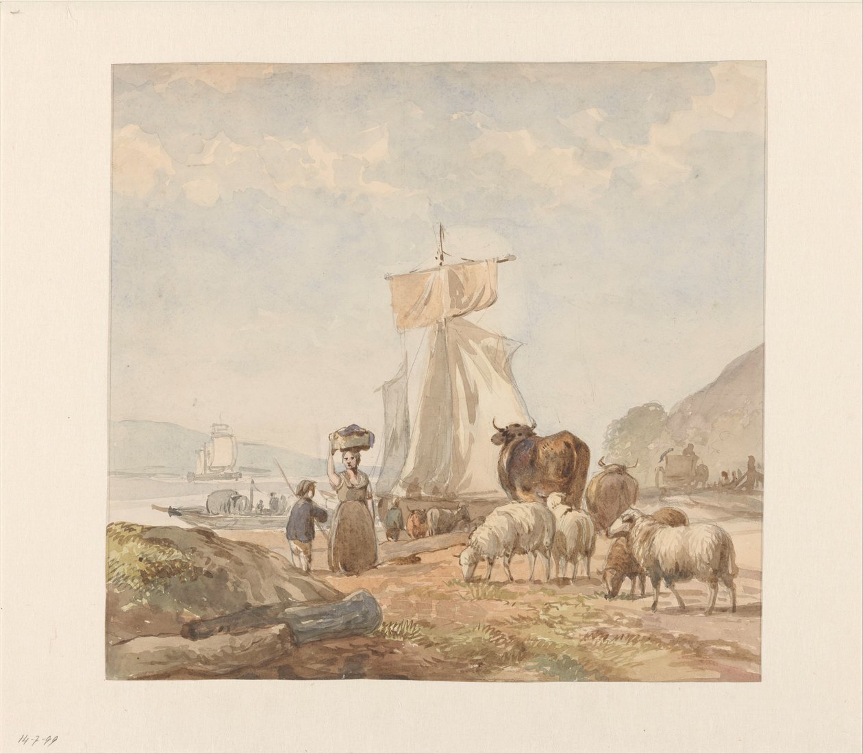 Figurer med boskap vid flodstranden med färja av Julius Jacobus van de Sande Bakhuyzen
