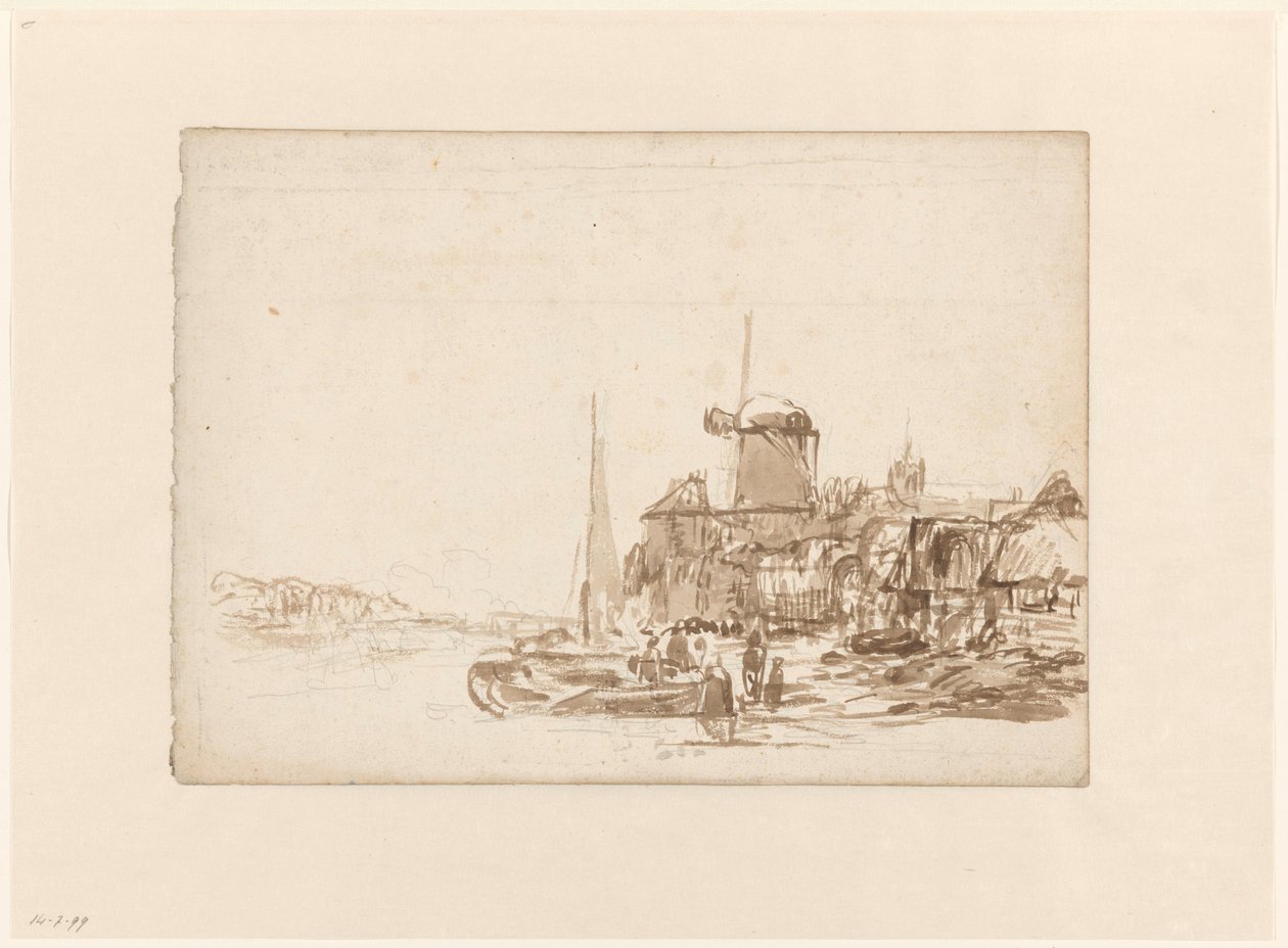 Stad med en väderkvarn på en kanal av Julius Jacobus van de Sande Bakhuyzen