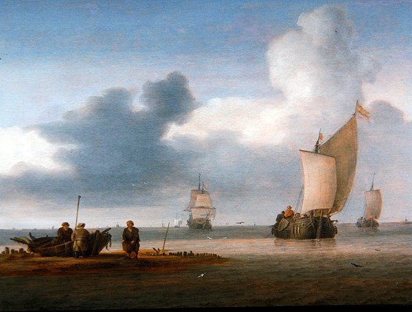 Strandscen med segelbåtar och fiskare (olja på panel) av Julius Porcellis