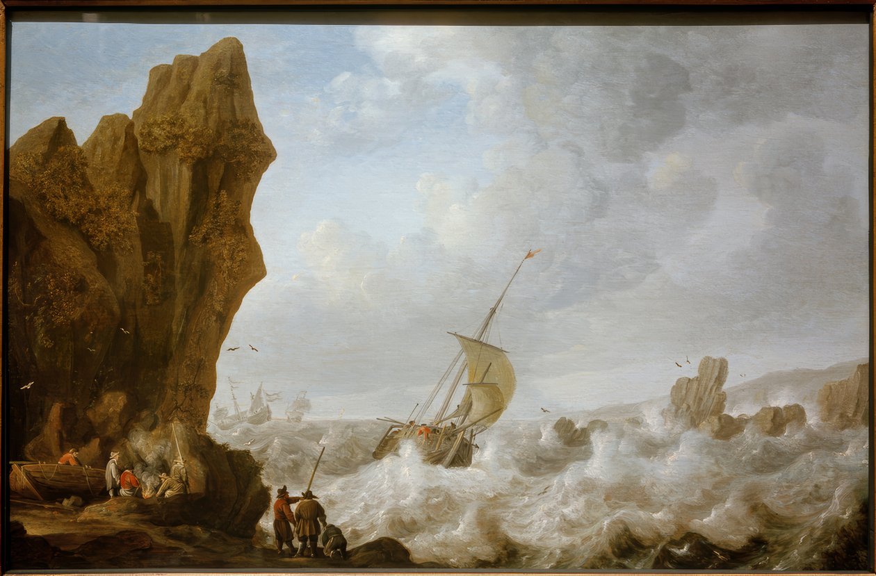 Fiskebåt i stormiga hav utanför en stenig kust av Julius Porcellis