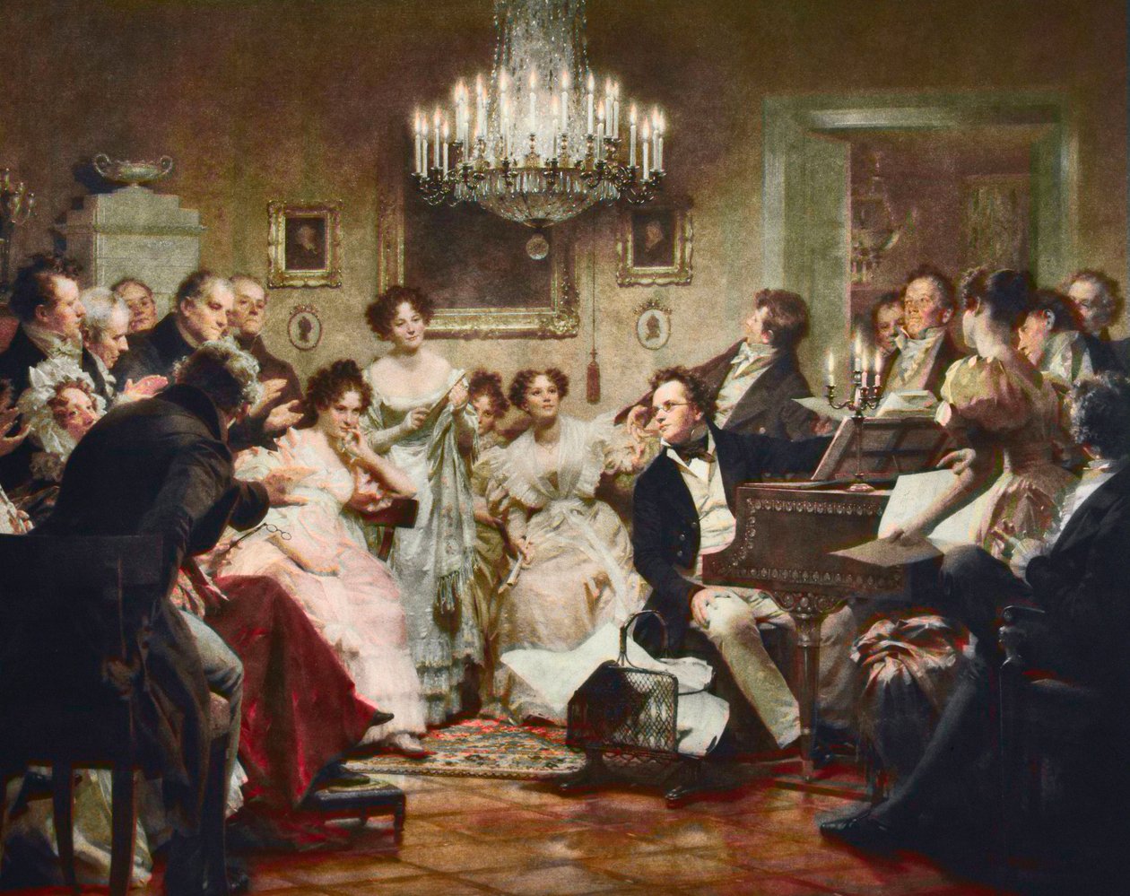 Franz Schubert (1797-1828) vid pianot under en Schubert-afton i en salong i Wien - gravyr efter Julius Schmid (1854-1935) av Julius Schmid
