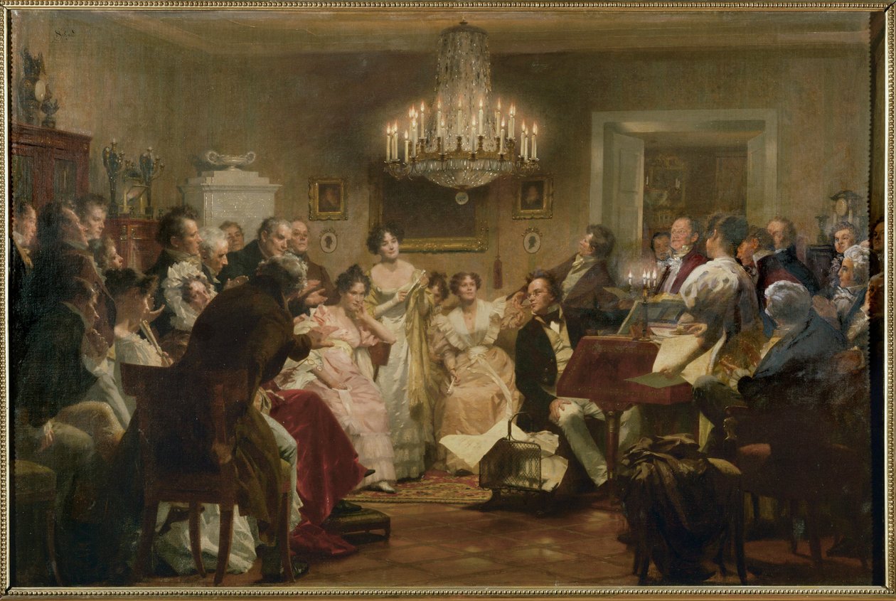 Schubert vid pianot under en Schubertkväll i en salong i Wien ... (oljemålning) av Julius Schmid
