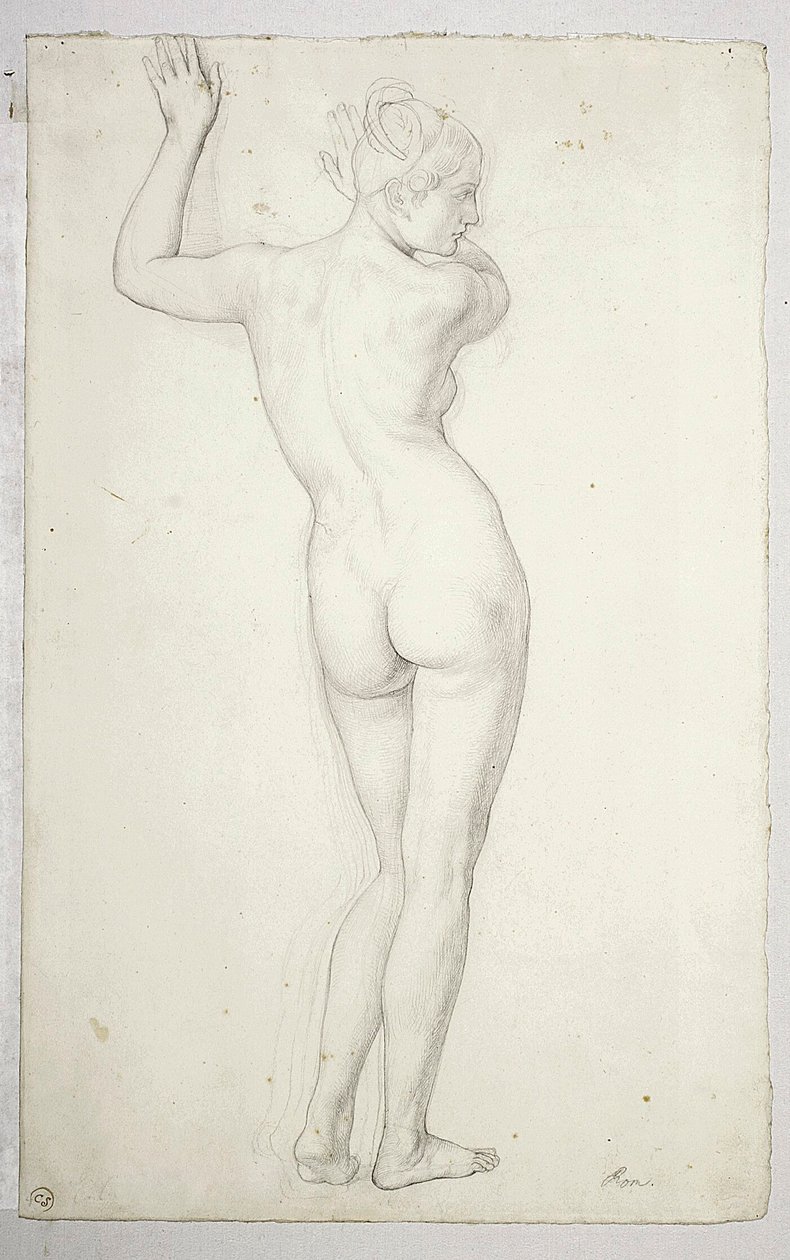 Kvinnlig nakenstudie i stående pose, sedd bakifrån; verso, kontur av en kvinnlig nakenstudie av Julius Schnorr von Carolsfeld