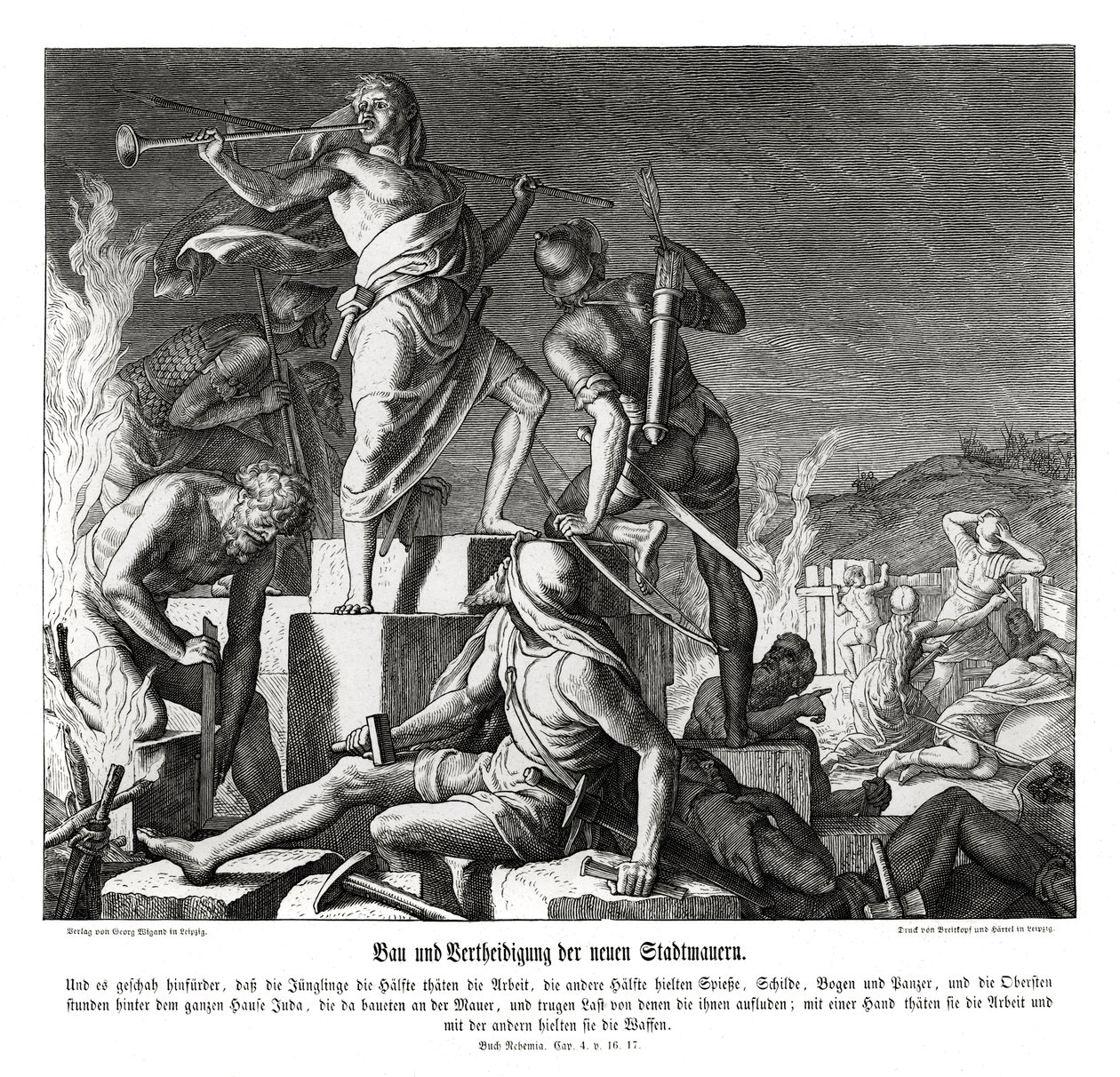 Byggande och försvar av den nya stadsmuren, Nehemiah av Julius Schnorr von Carolsfeld