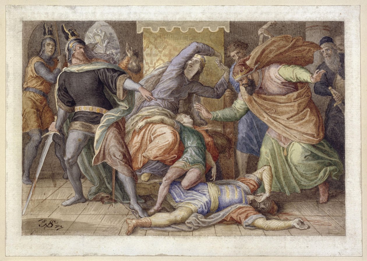 Hagen dräper Ortlieb (Den döende Ortlieb i Kriemhilds famn; efter ”Nibelungens sång”) av Julius Schnorr von Carolsfeld