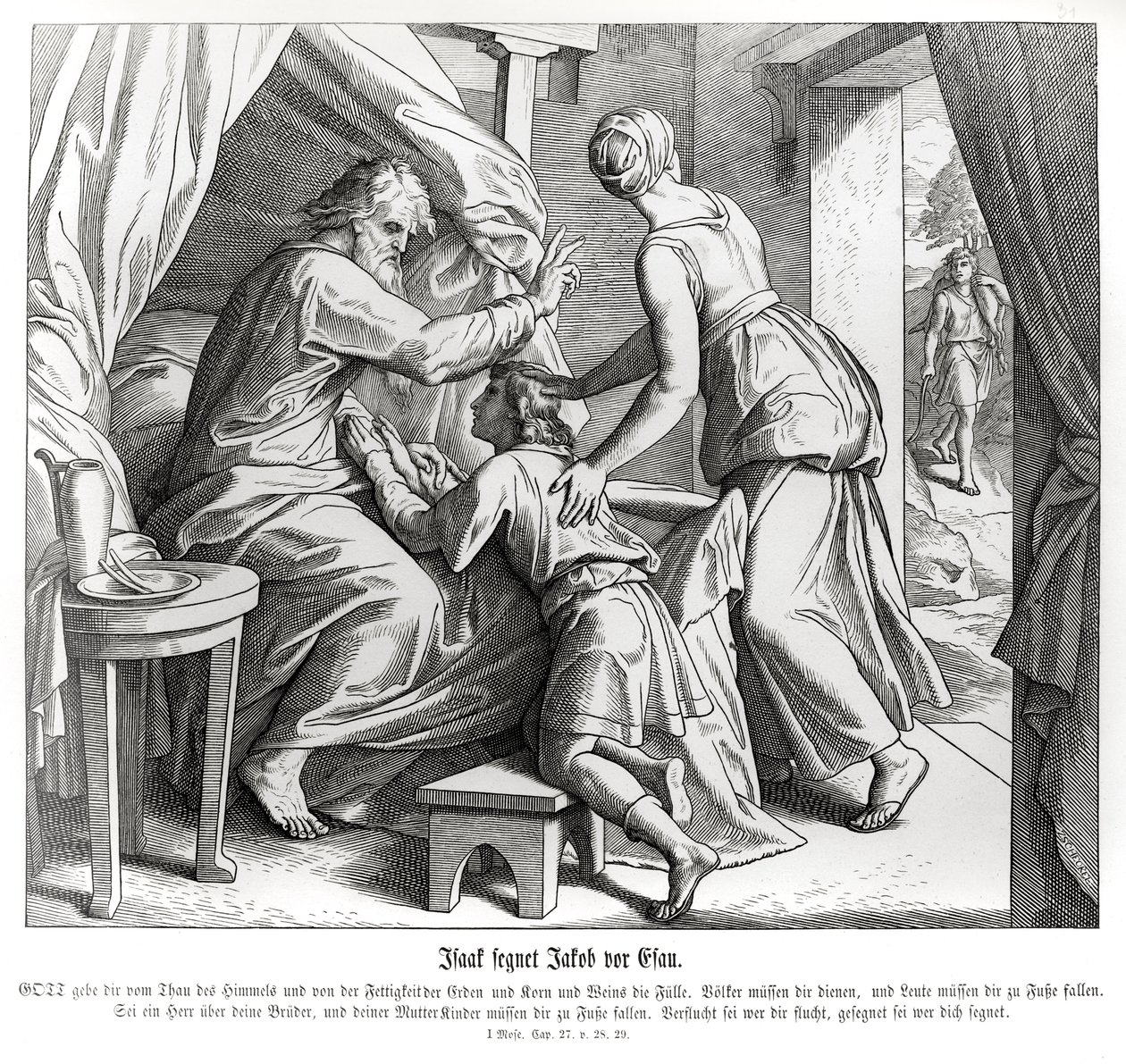 Isak välsignar Jakob i Esaus ställe, Genesis av Julius Schnorr von Carolsfeld