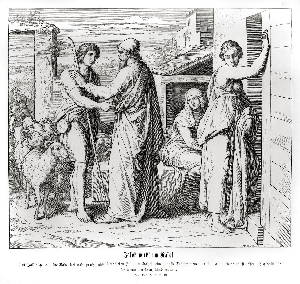 Jakob ber Laban om Rakel som sin hustru, Genesis av Julius Schnorr von Carolsfeld