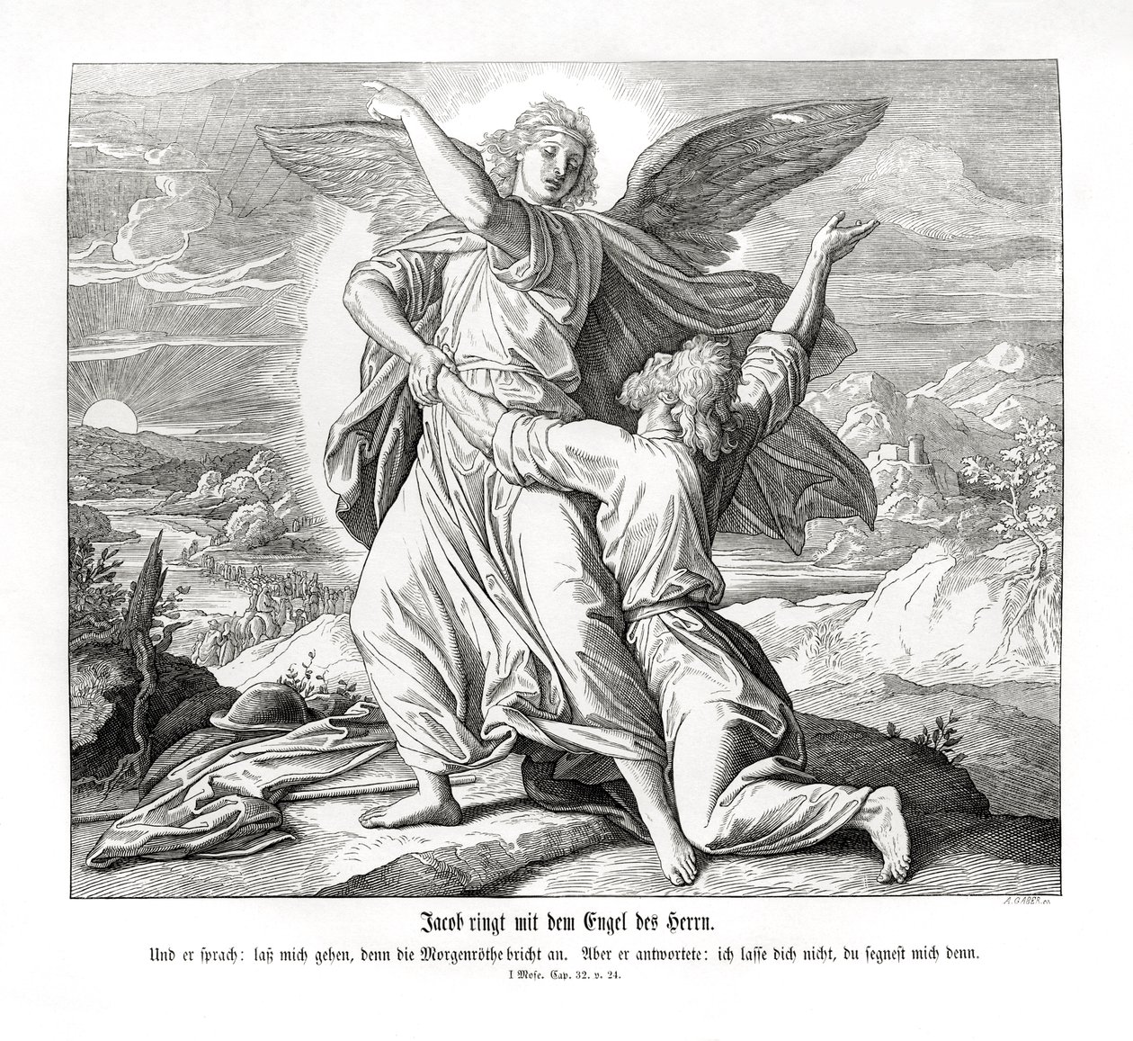 Jakob brottas med ängeln, Genesis av Julius Schnorr von Carolsfeld