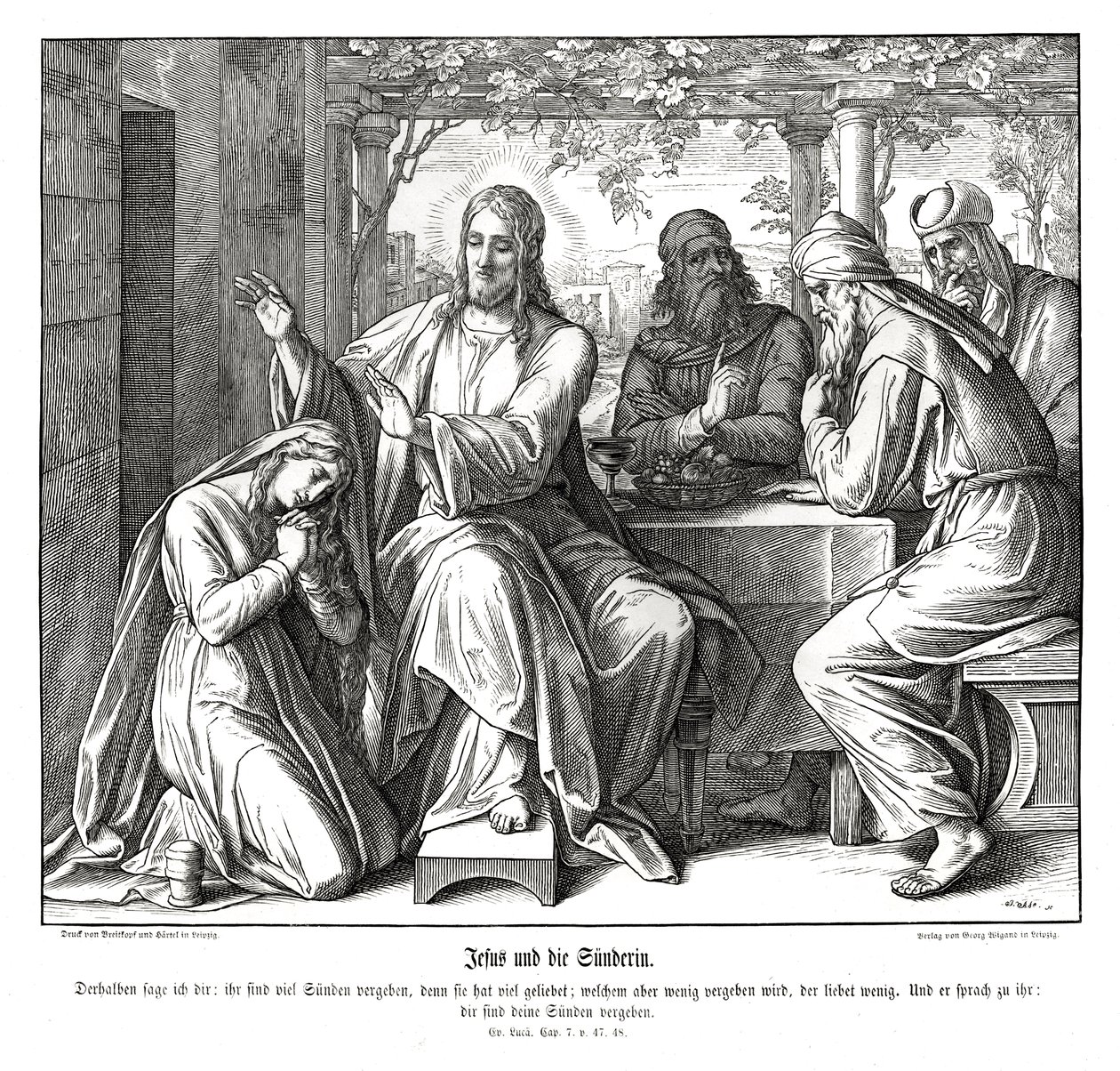 Jesus och den syndiga kvinnan, Lukasevangeliet av Julius Schnorr von Carolsfeld