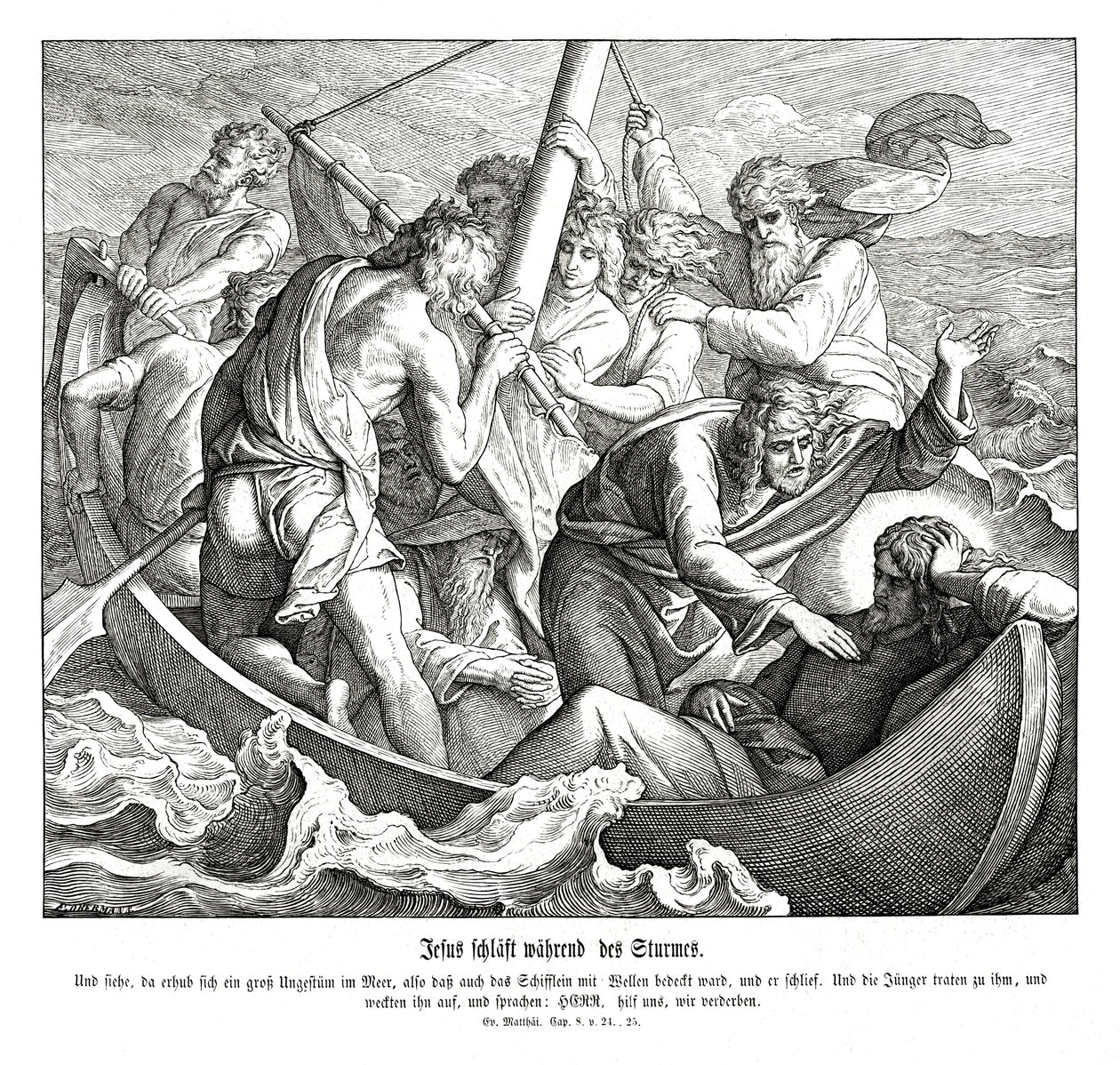Jesus sover under stormen, Matteusevangeliet av Julius Schnorr von Carolsfeld