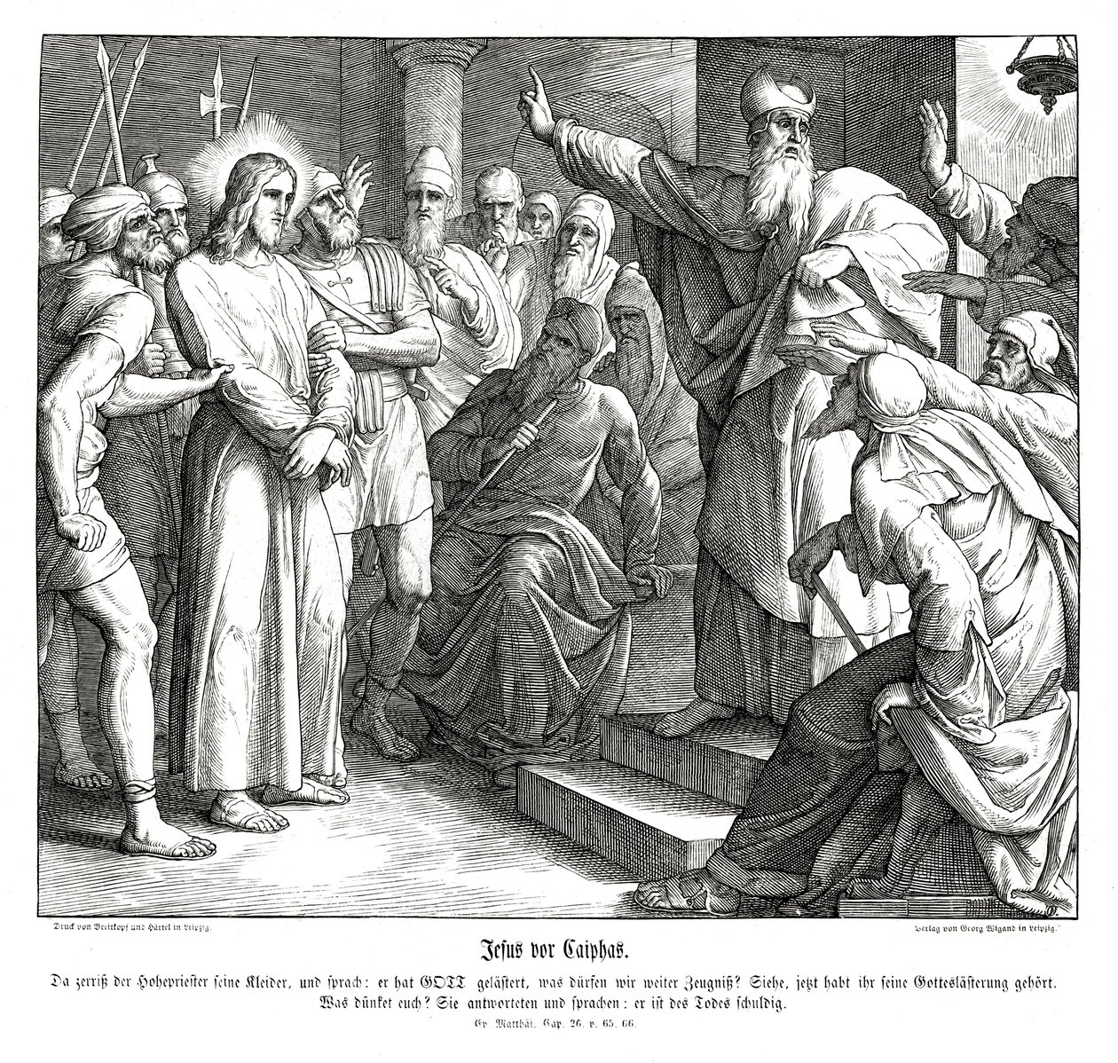 Jesu rättegång inför Kaifas, Matteusevangeliet av Julius Schnorr von Carolsfeld