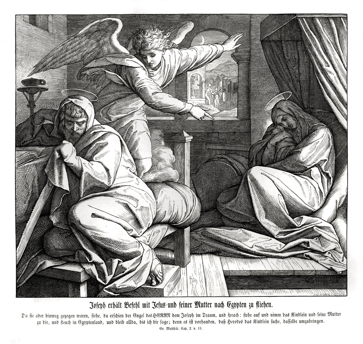 Josef varnas för att fly till Egypten, Matteusevangeliet av Julius Schnorr von Carolsfeld