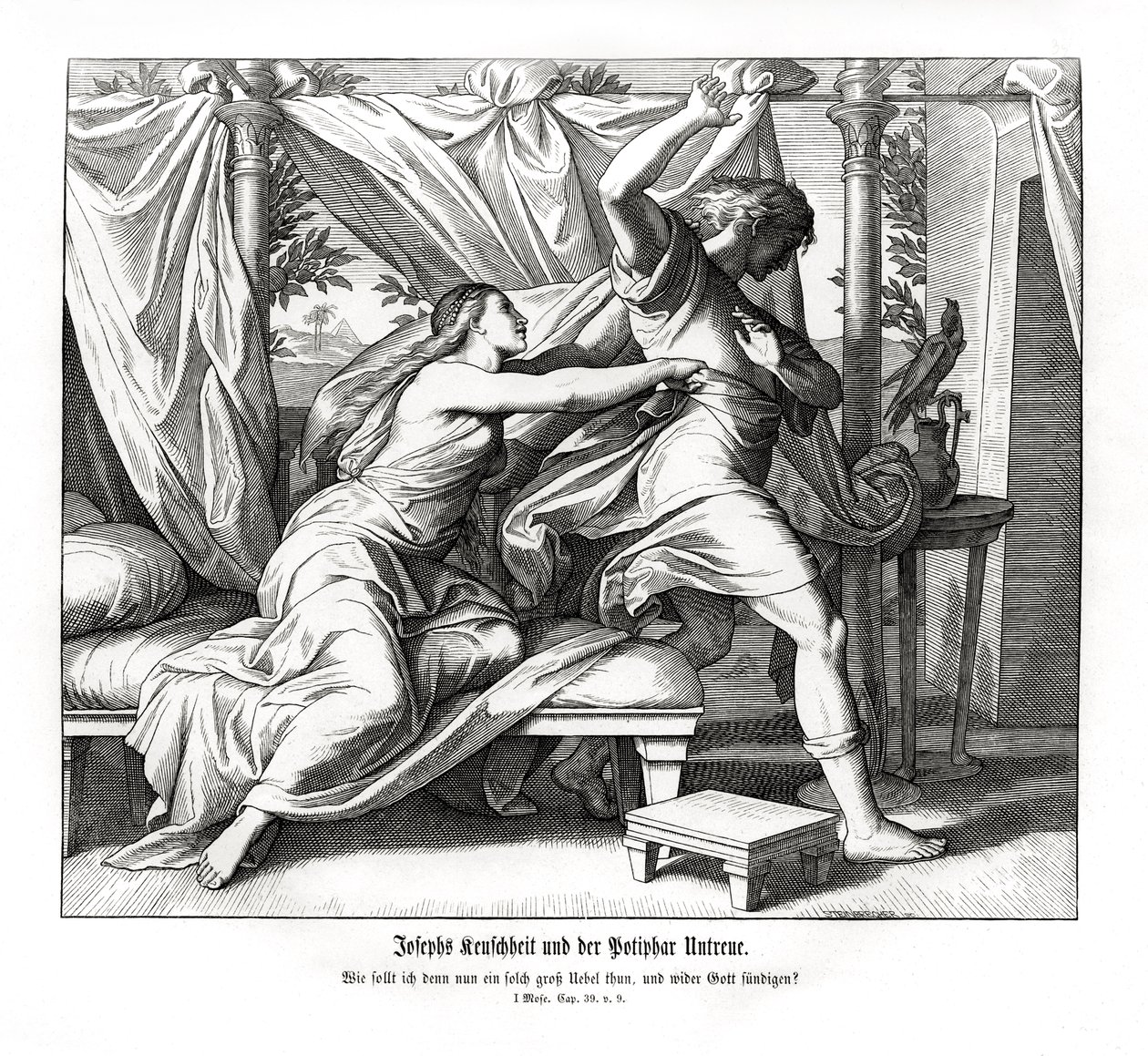 Josef vägrar ligga med Potifar, Första Mosebok av Julius Schnorr von Carolsfeld