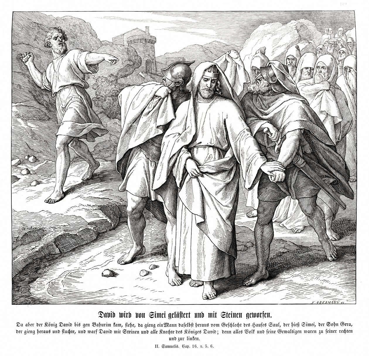 Shimei förbannar och kastar sten på David, 2 Samuel av Julius Schnorr von Carolsfeld