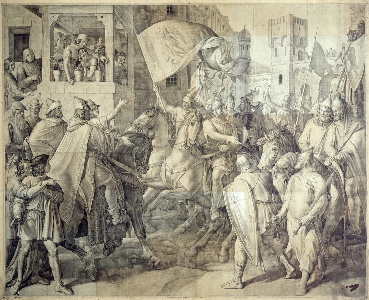 Siegfrieds återkomst från det sachsiska kriget. Kartong för Nibelungenfreskerna i Königsbau i residenset i München av Julius Schnorr von Carolsfeld