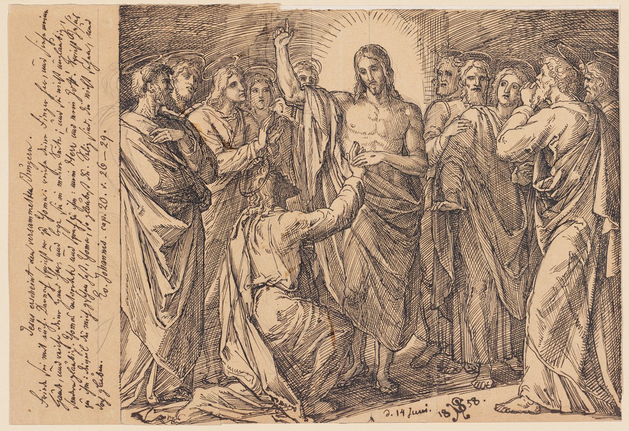 Jesus visar sig för de församlade lärjungarna. Frid vare med er. Därefter säger han till Tomas: ...? av Julius Schnorr von Carolsfeld