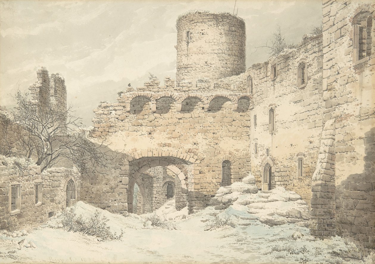 Vintervy över innergården till ett medeltida slott i ruiner, 1832. av Julius von Leypold