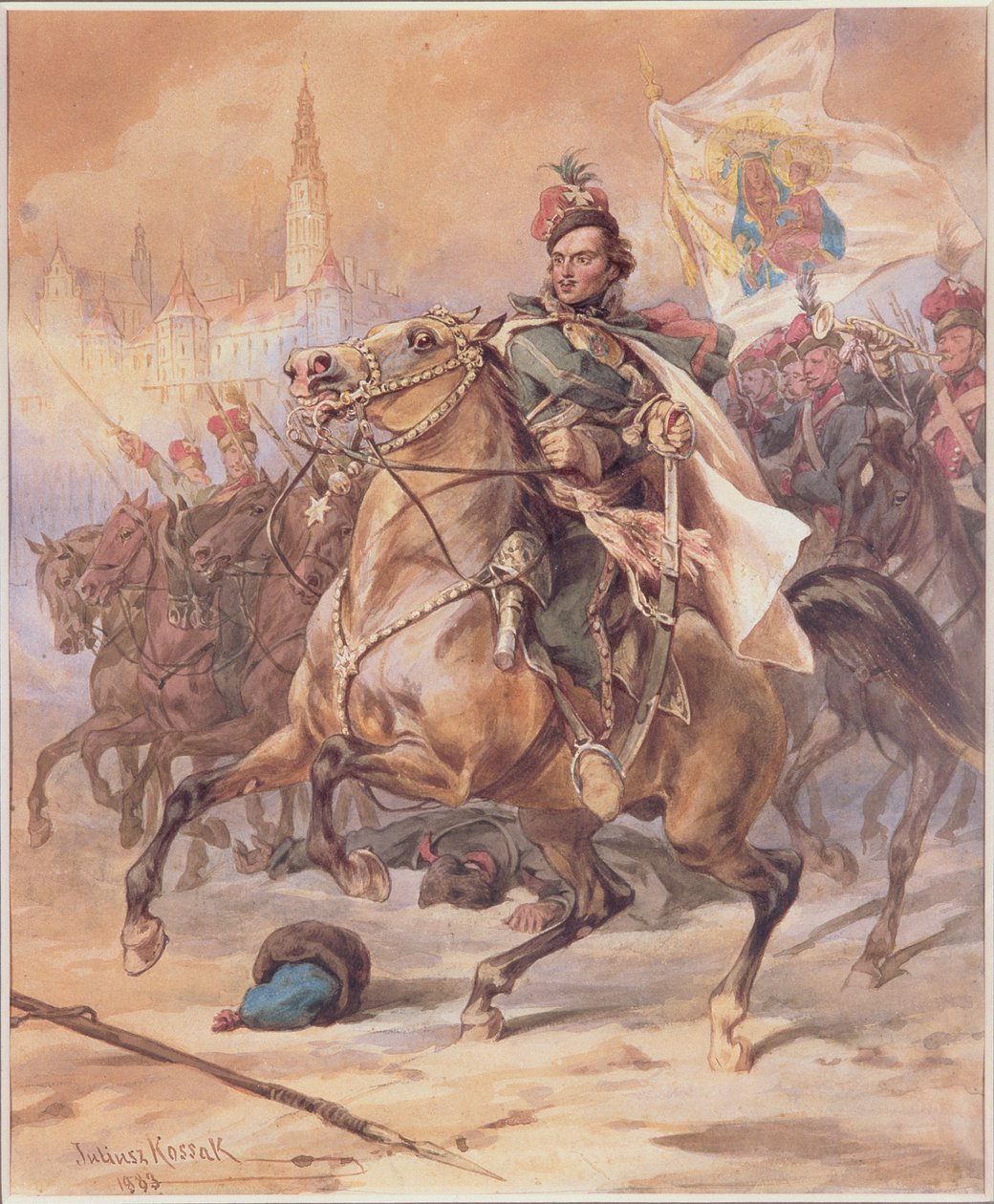 Kazimierz Pulawski (1747-79) vid slaget vid Czestochowa, december 1770, 1883 (wc på kartong) av Juliusz Fortunat Kossak